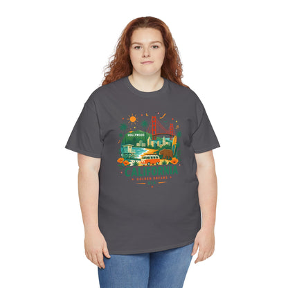 Charcoal gray T-shirt on model showing front California skyline graphic