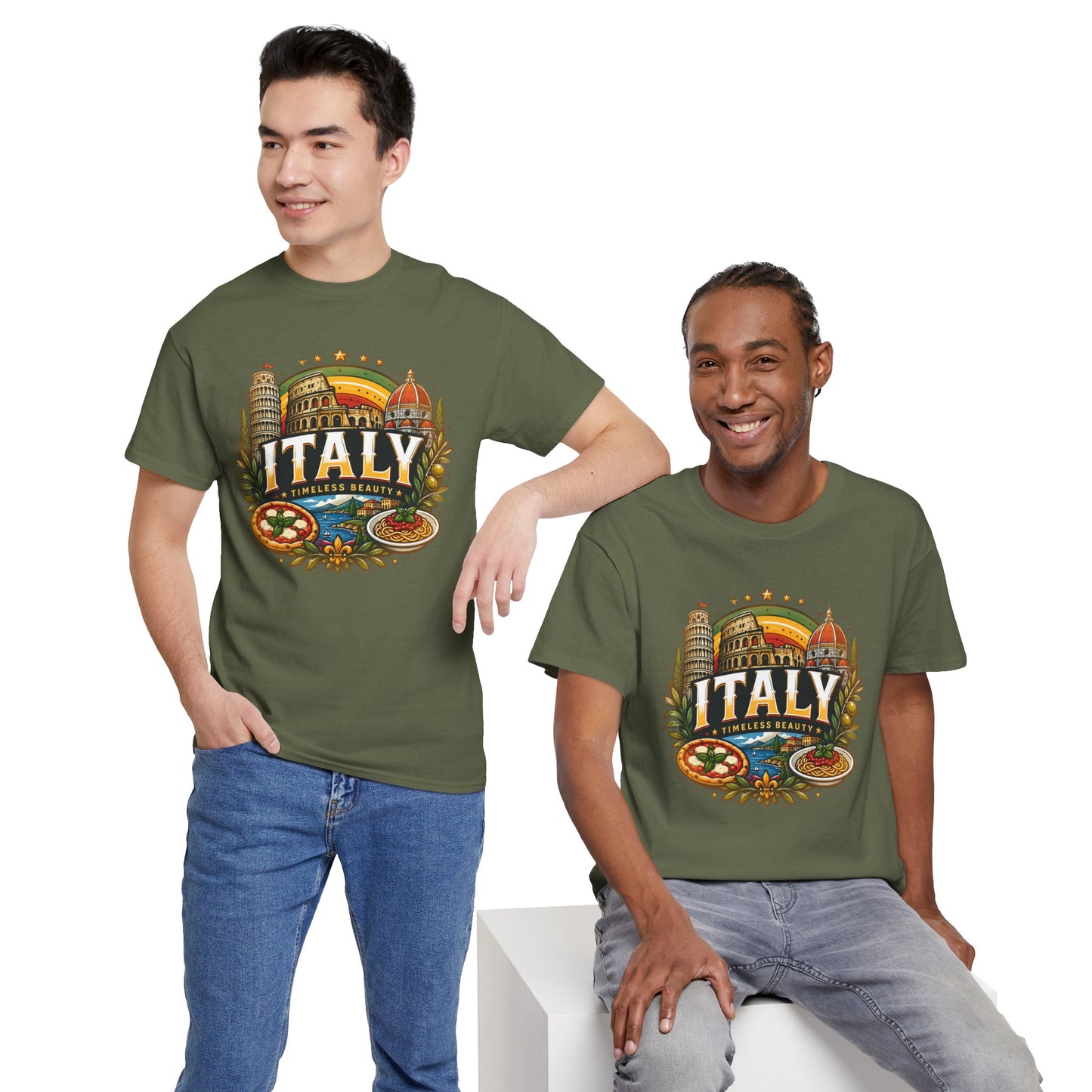 Olive green vintage travel T-shirt with “ITALY” crest graphic, worn by two people