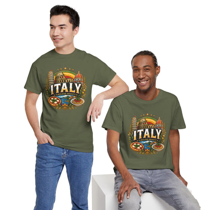 Olive green vintage travel T-shirt with “ITALY” crest graphic, worn by two people