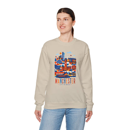 Light sand crewneck sweatshirt with Manchester city graphic, worn with jeans