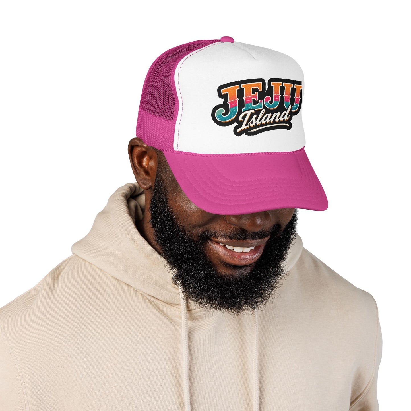 Foam trucker cap in magenta and white with 'JEJU Island' logo worn by a man