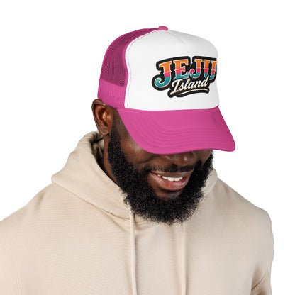 Foam trucker cap in magenta and white with 'JEJU Island' logo worn by a man