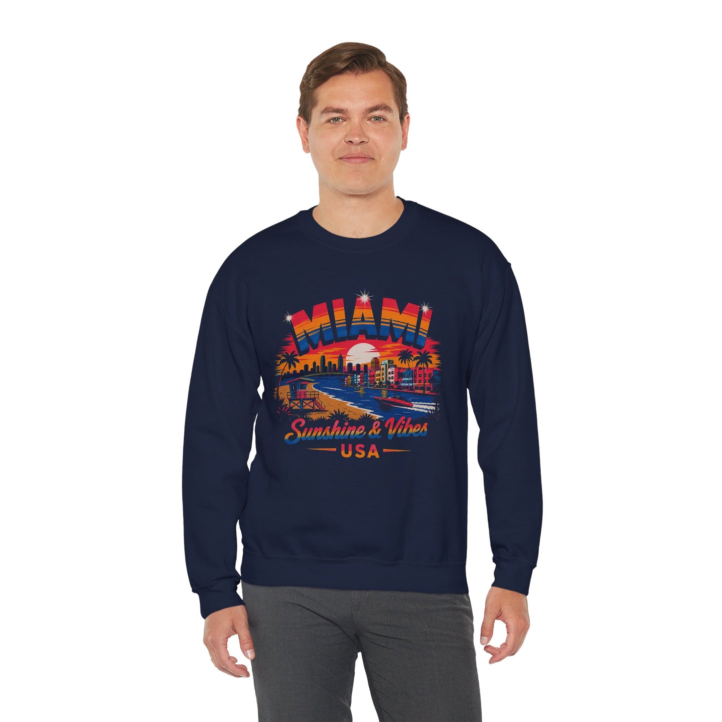 Navy crewneck sweatshirt with Miami skyline graphic and Sunshine & Vibes USA print