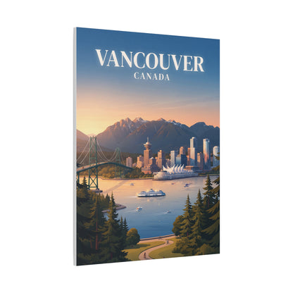Matte canvas wall art with blue header, city skyline, mountains, harbor, and evergreen trees.