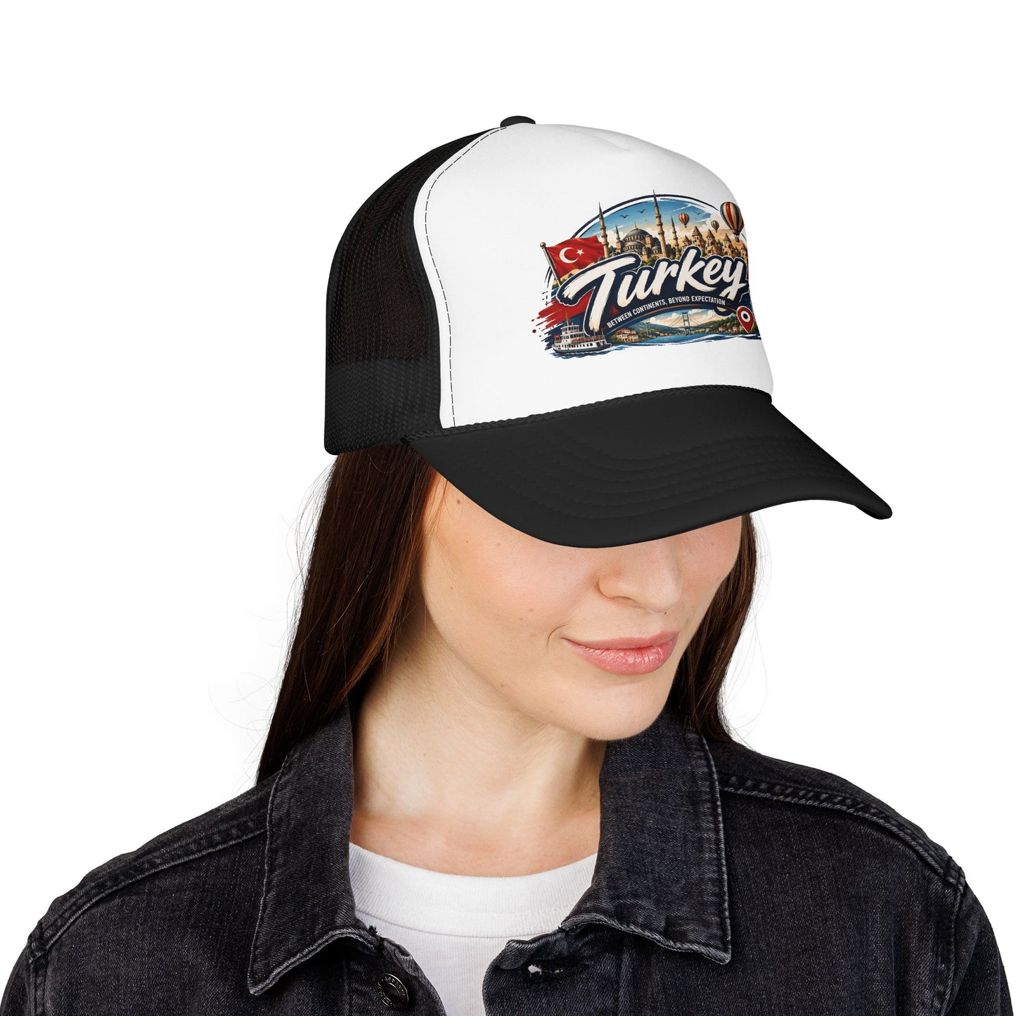 White-and-black trucker cap on woman with front Turkey graphic patch
