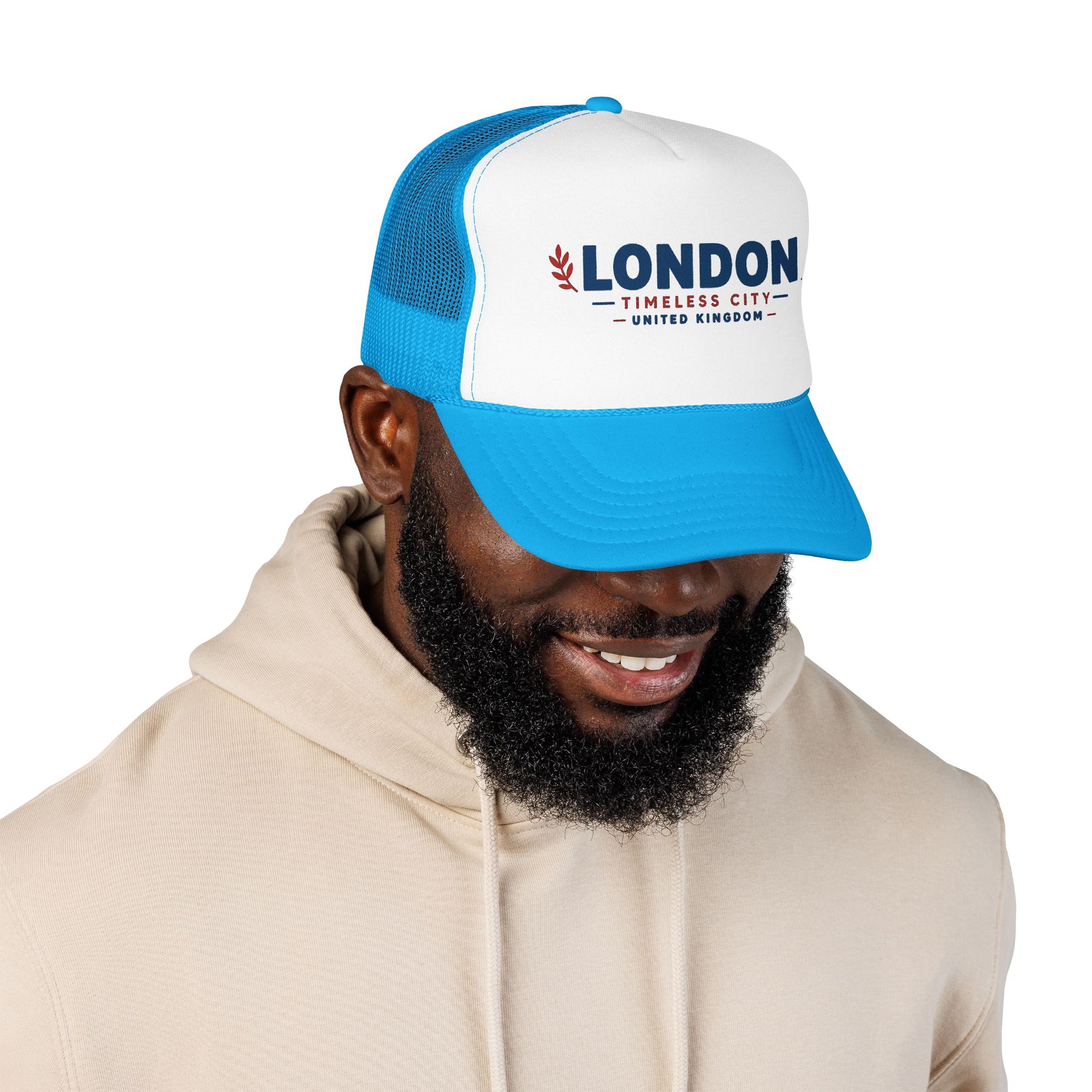 Blue-and-white mesh trucker hat with blue “LONDON” logo on front