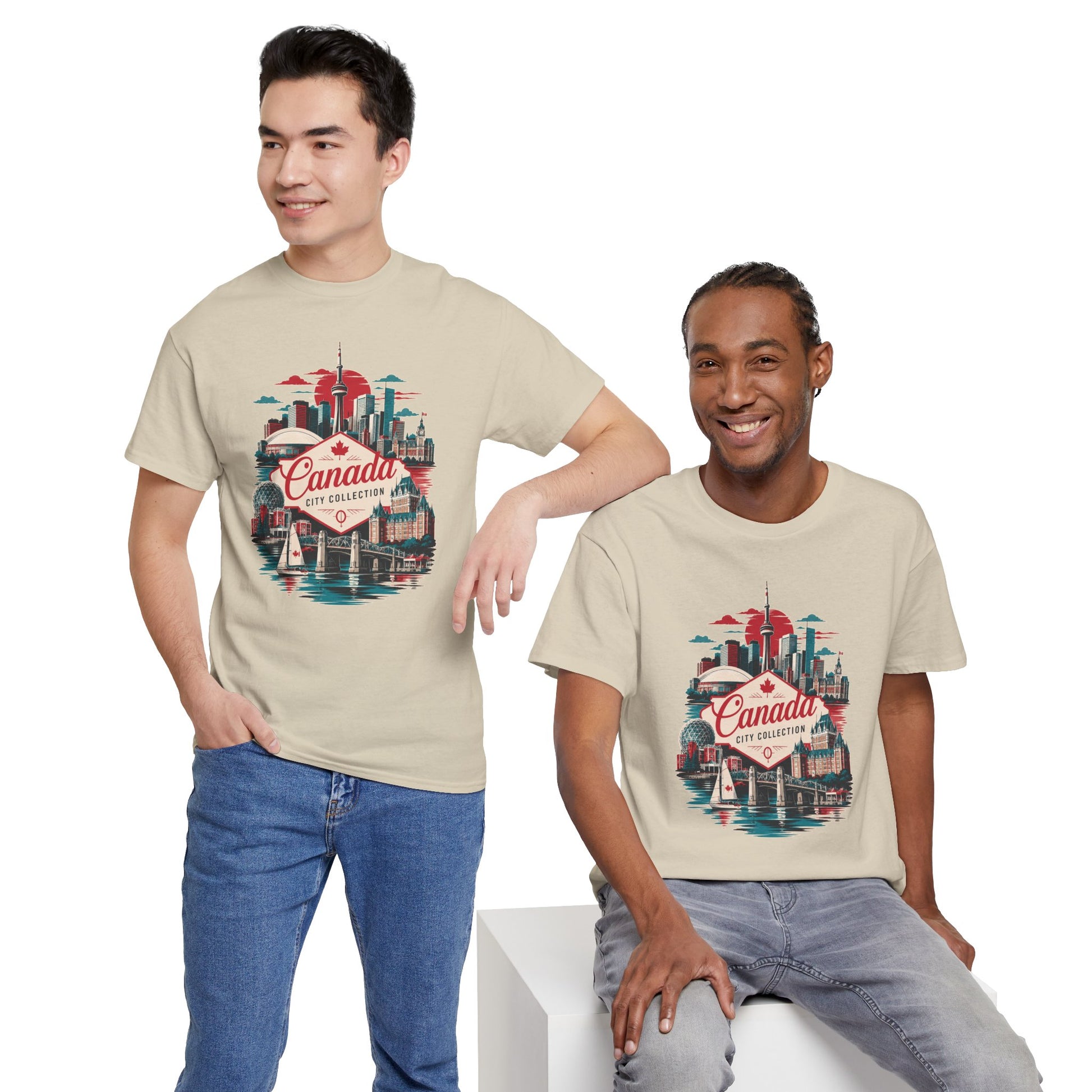 Sand crewneck T-shirt with retro Toronto skyline and Canada graphic on the front