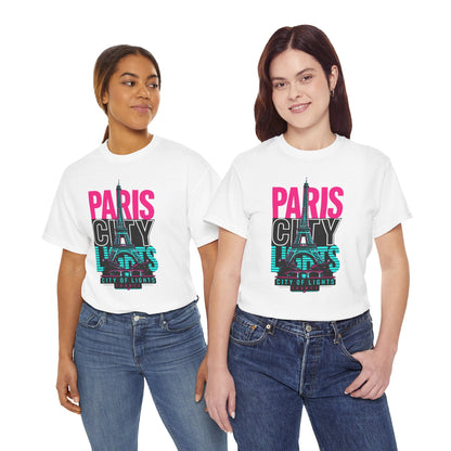 White Paris neon city travel T-shirt with Eiffel Tower graphic on models