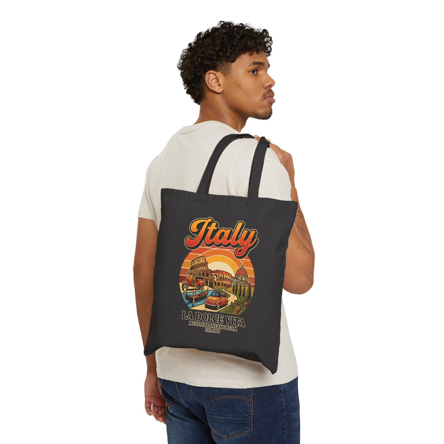 Black canvas tote bag with front Italy La Dolce Vita graphic and sturdy handles