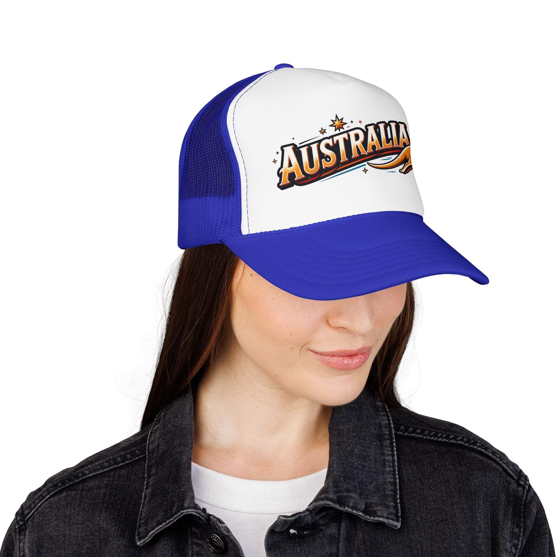 Australia trucker hat on a woman, blue mesh sides, white front, curved brim