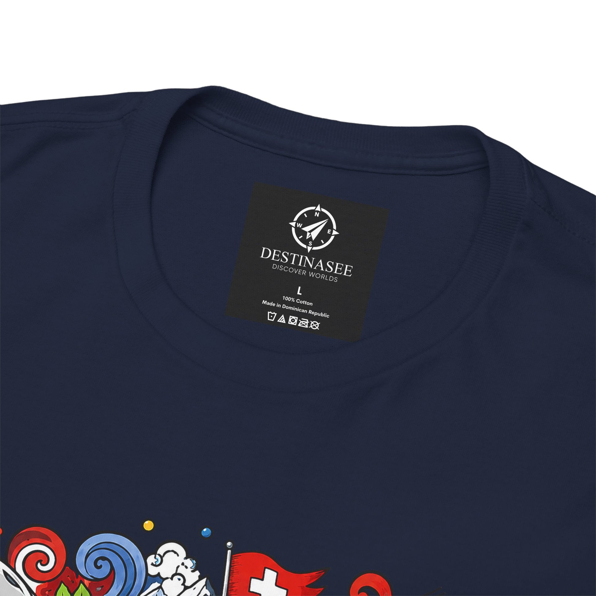 Navy crewneck T-shirt with neck label and partial colorful graphic print.