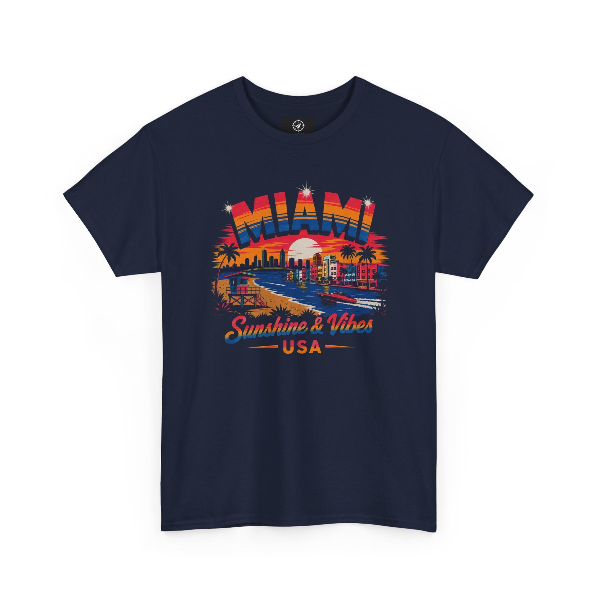Navy short-sleeve T-shirt with colorful Miami city “Sunshine & Vibes” USA print
