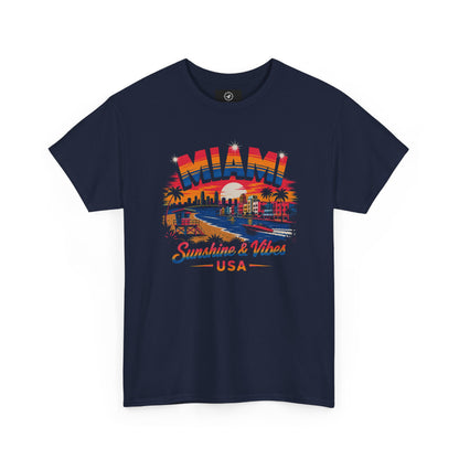 Navy short-sleeve T-shirt with colorful Miami city “Sunshine & Vibes” USA print