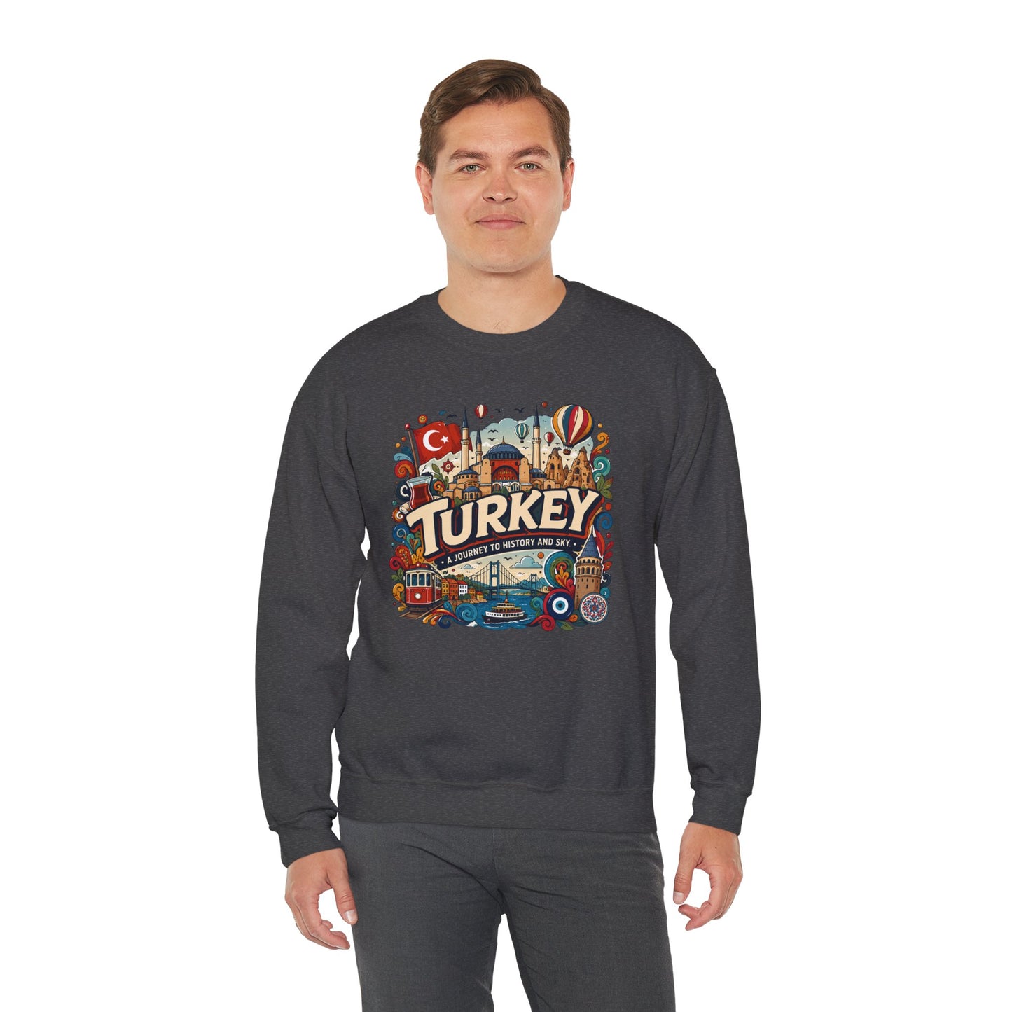 Dark heather crewneck sweatshirt with colorful Turkey graphic on the chest