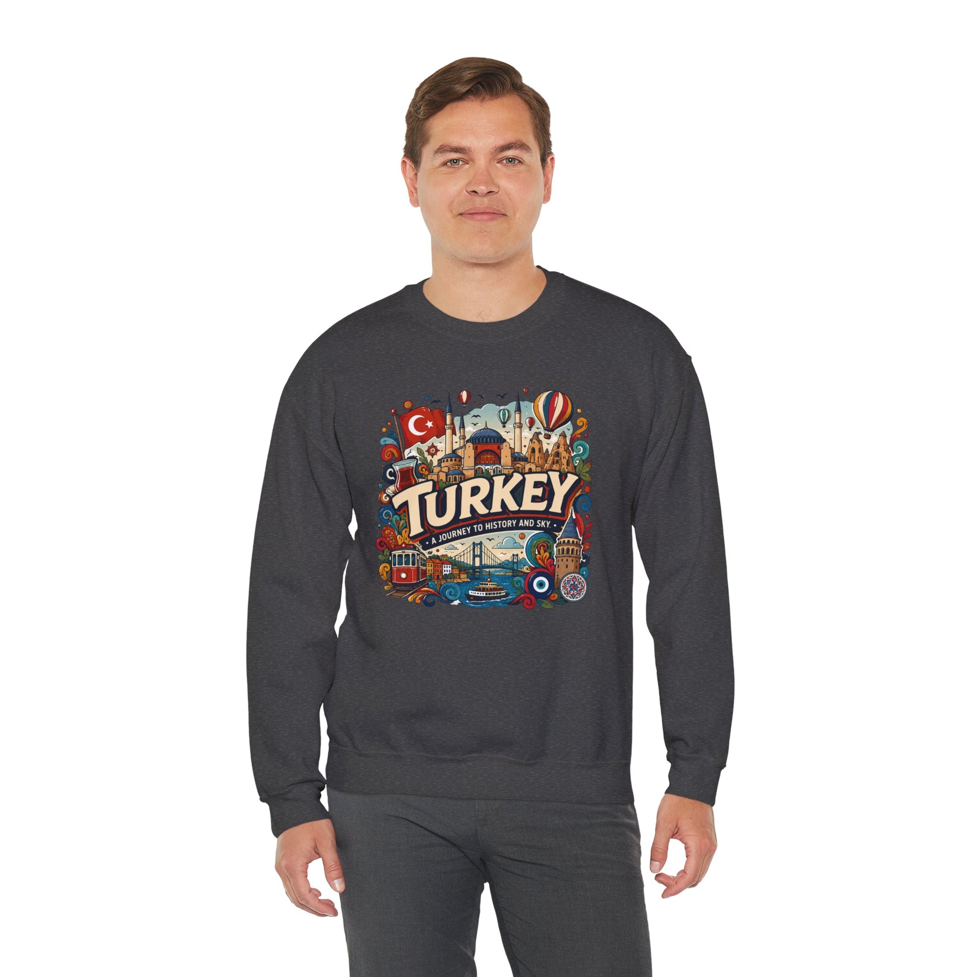 Dark heather crewneck sweatshirt with colorful Turkey graphic on the chest