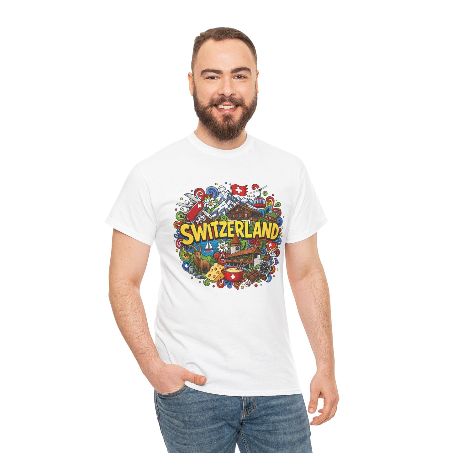 White crew-neck T-shirt with colorful Switzerland graphic on front