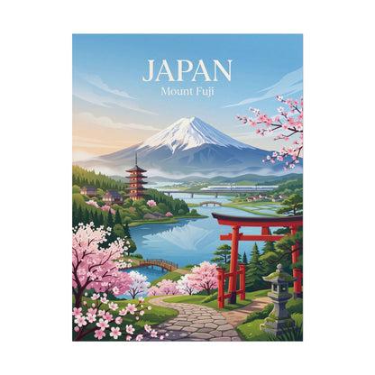 Rolled poster with JAPAN Mount Fuji landscape, red torii gate, and pink flowering trees