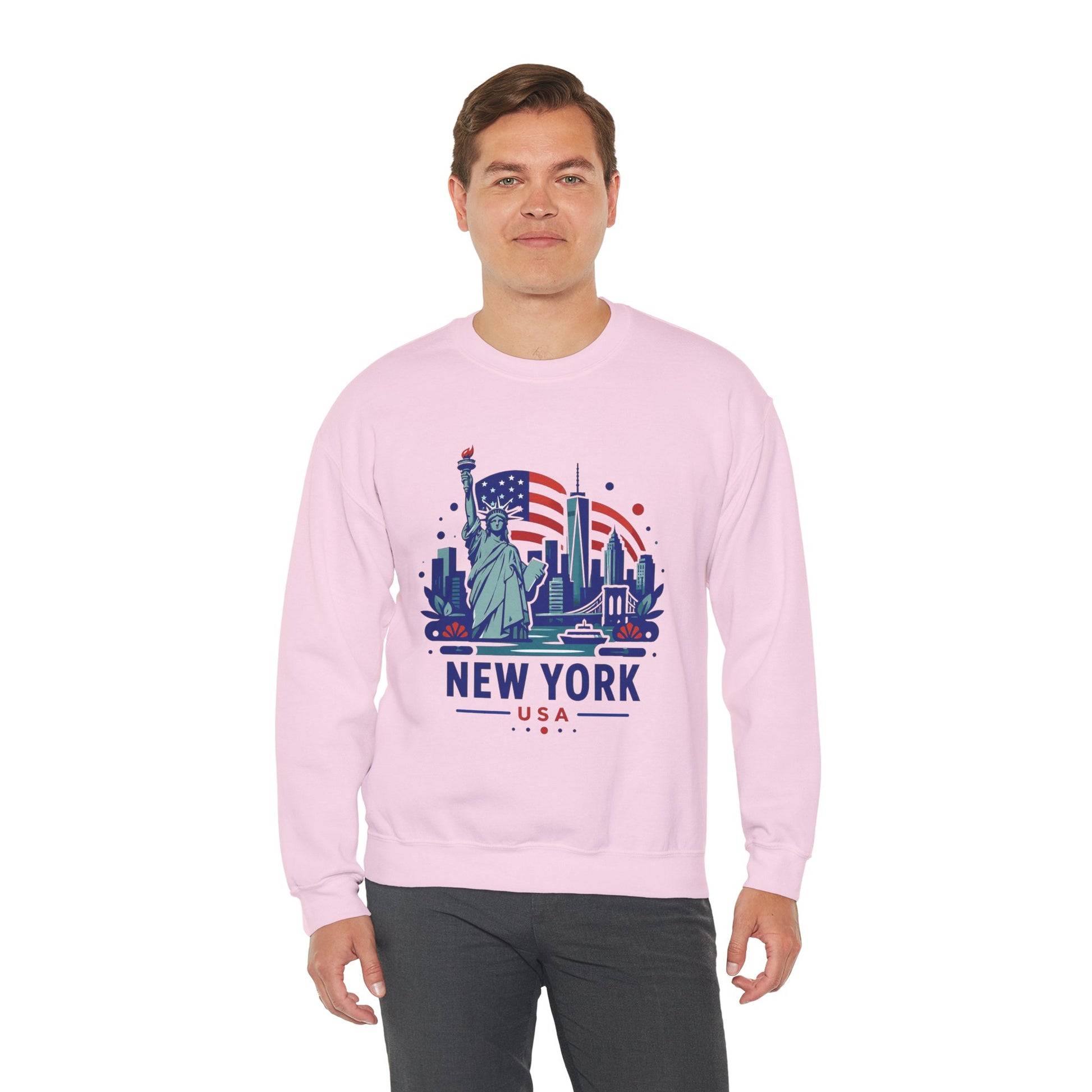 Pink crewneck sweatshirt with New York USA front graphic, worn by a man