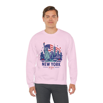Pink crewneck sweatshirt with New York USA front graphic, worn by a man