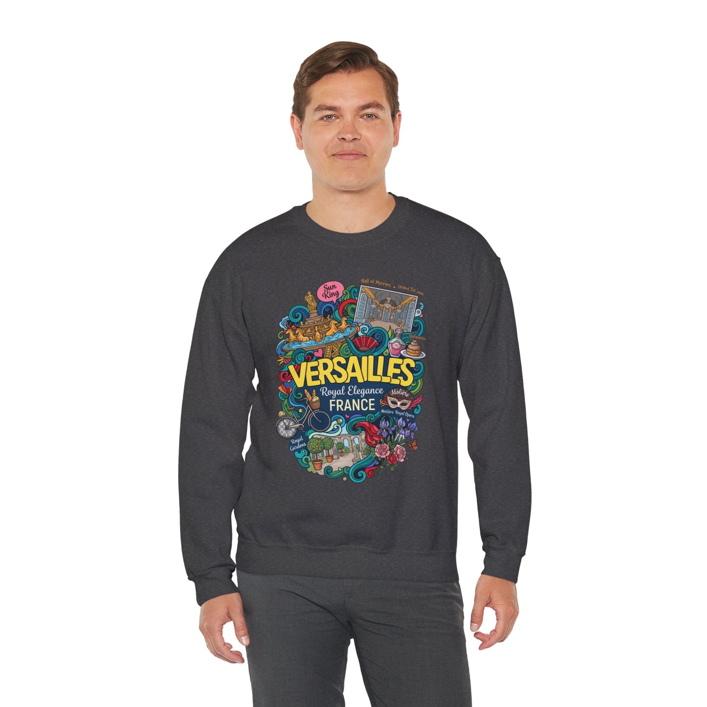 Charcoal crewneck sweatshirt with colorful France graphic print on the front