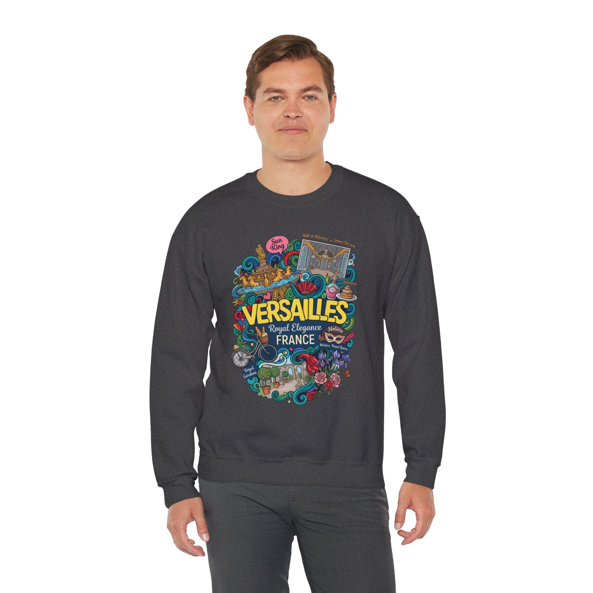 Charcoal crewneck sweatshirt with colorful France graphic print on the front