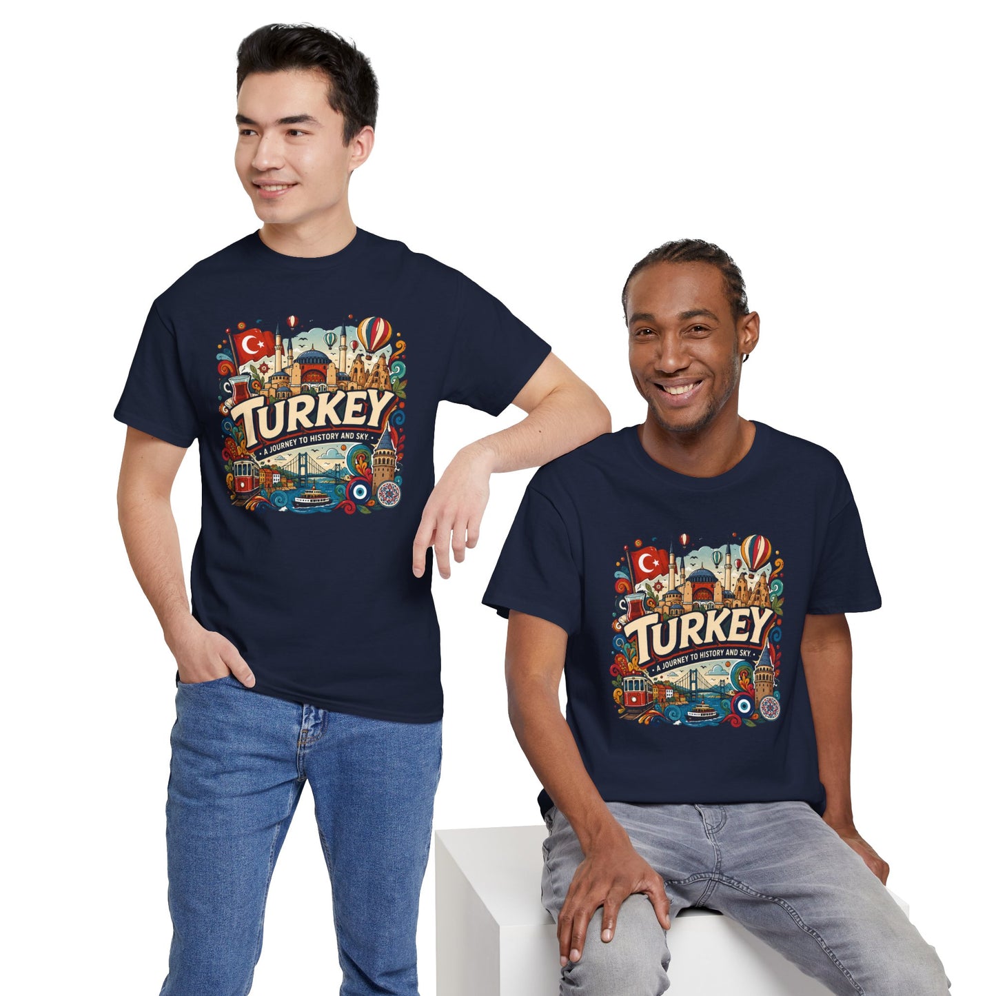 Navy graphic tee worn by two people, front Turkey cityscape print