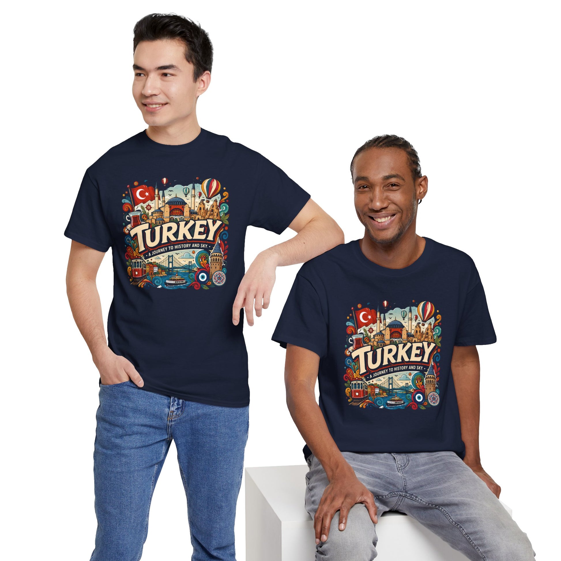 Navy graphic tee worn by two people, front Turkey cityscape print