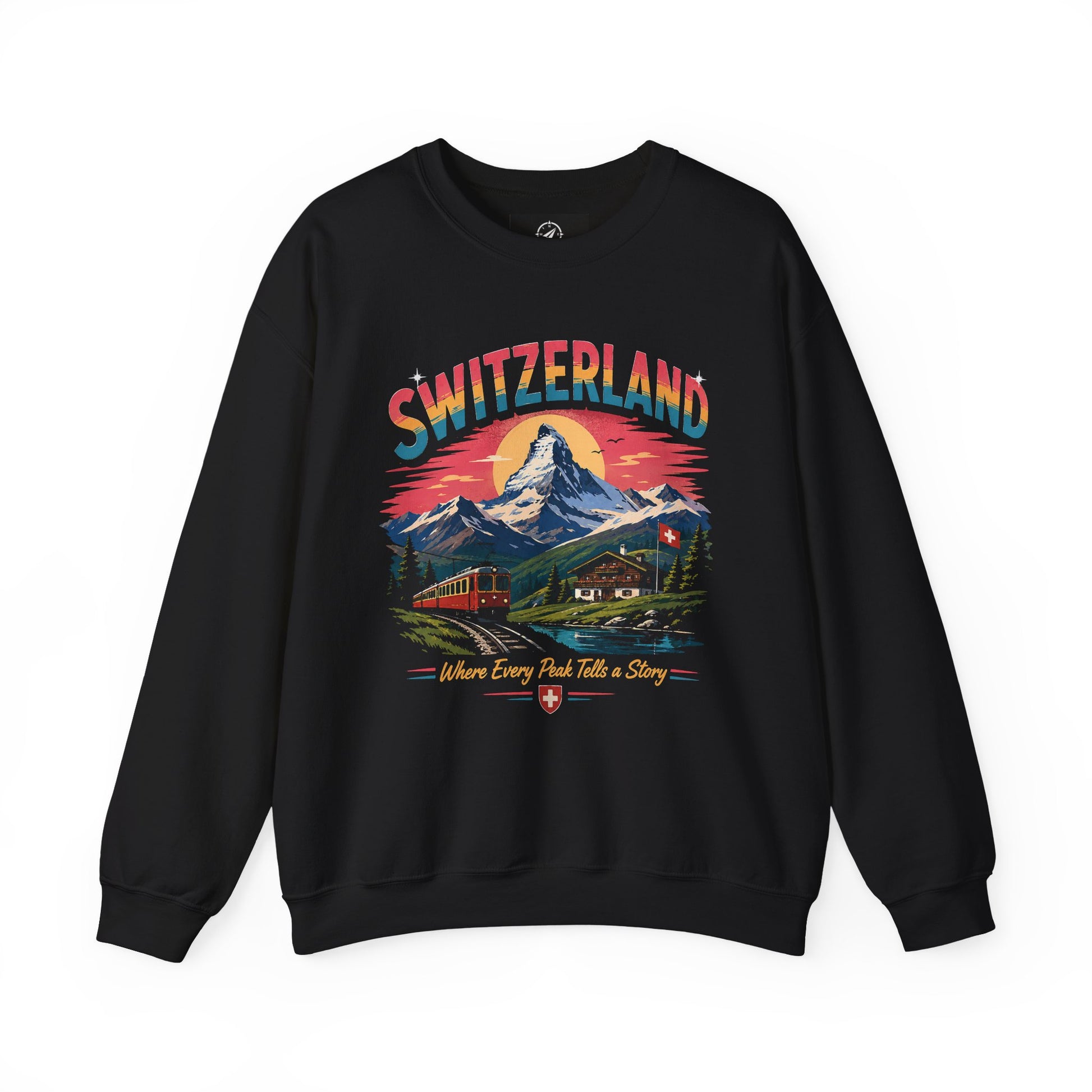 Black crewneck sweatshirt with Switzerland graphic print on front