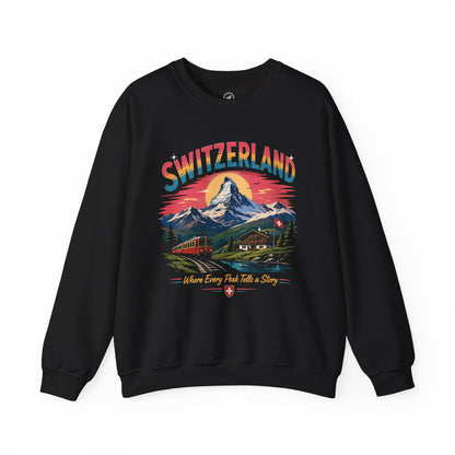 Black crewneck sweatshirt with Switzerland graphic print on front