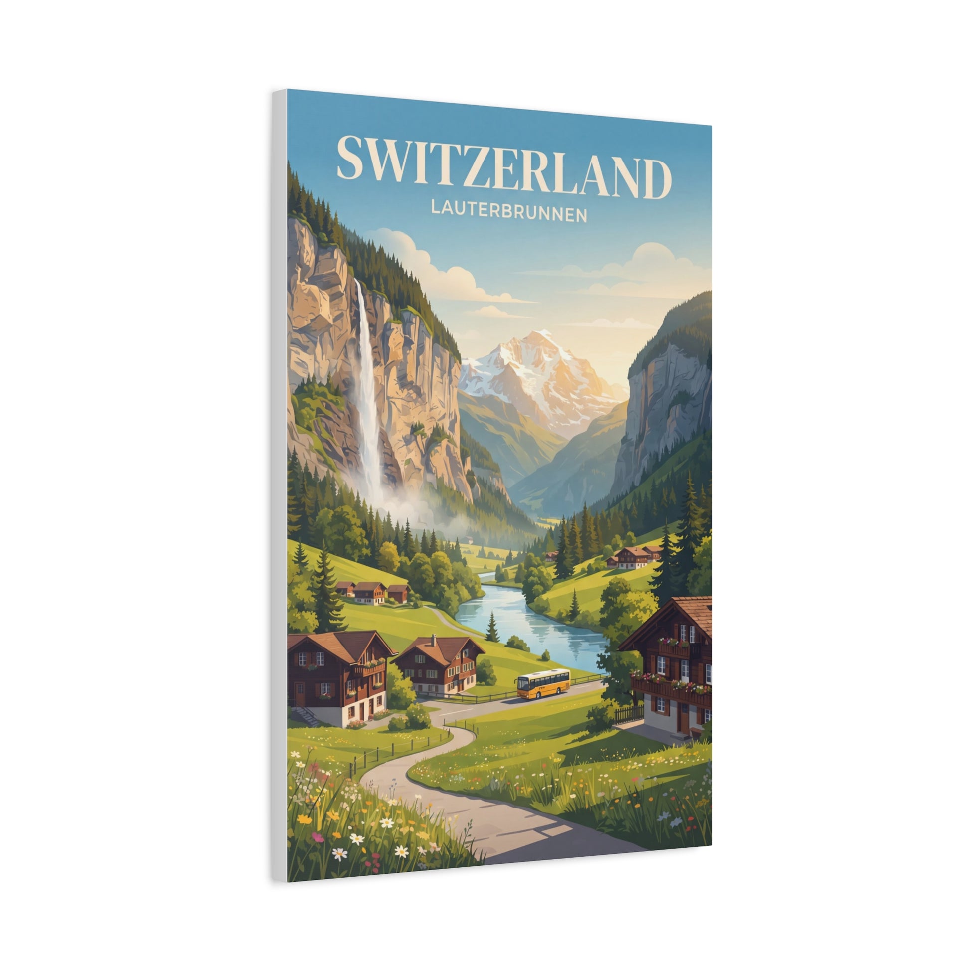 Switzerland Lauterbrunnen matte canvas wall art with river, mountains, and yellow train