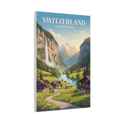 Switzerland Lauterbrunnen matte canvas wall art with river, mountains, and yellow train