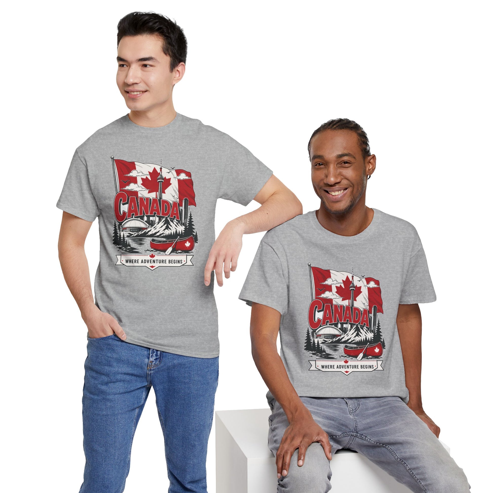 Sport grey crew-neck short-sleeve Canada graphic T-shirt on two people