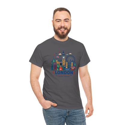Charcoal t-shirt on model with colorful city skyline graphic on chest