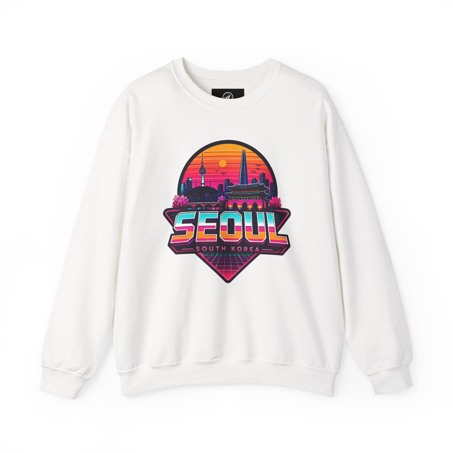 White crewneck sweatshirt with multicolor Seoul city graphic