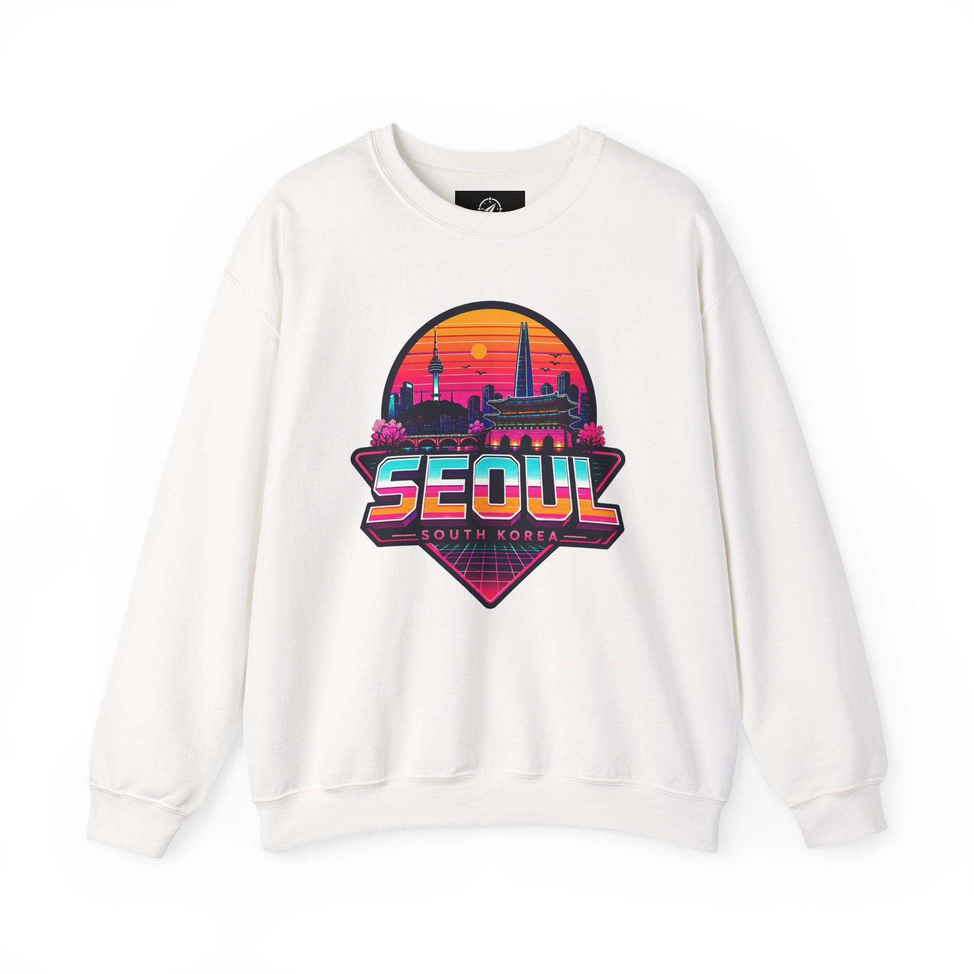 White crewneck sweatshirt with multicolor Seoul city graphic