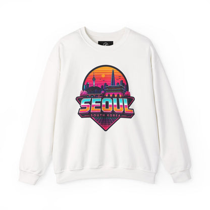 White crewneck sweatshirt with multicolor Seoul city graphic