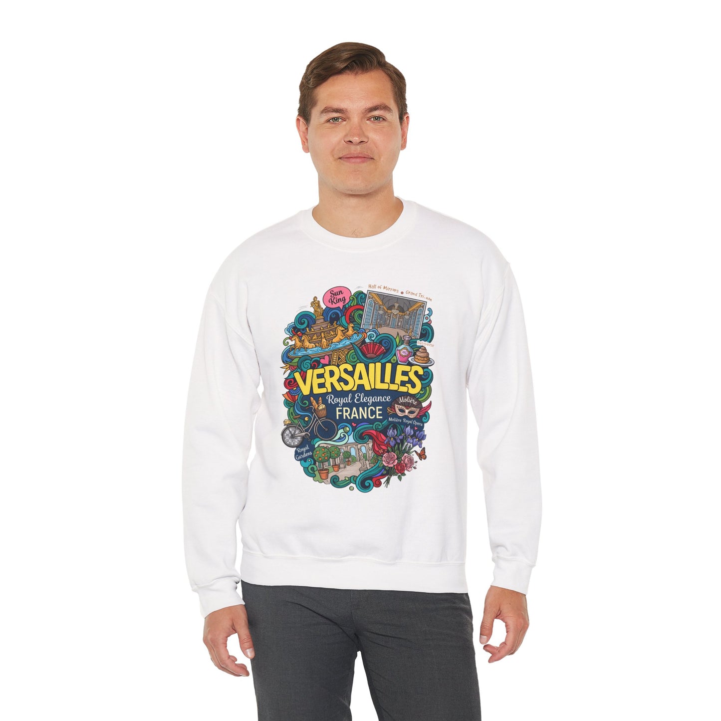 White crewneck sweatshirt with colorful Versailles-themed graphic on the front