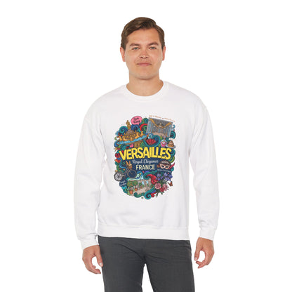 White crewneck sweatshirt with colorful Versailles-themed graphic on the front