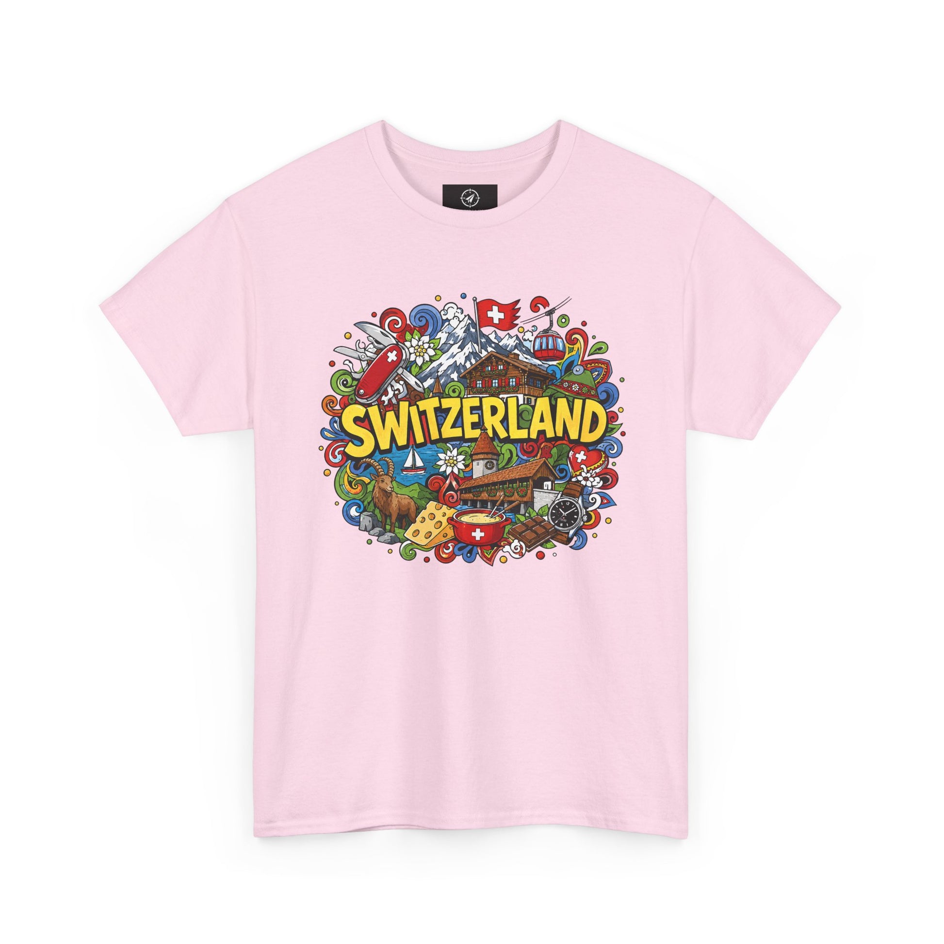Switzerland-themed T-shirt in light pink with colorful SWITZERLAND emblem graphic
