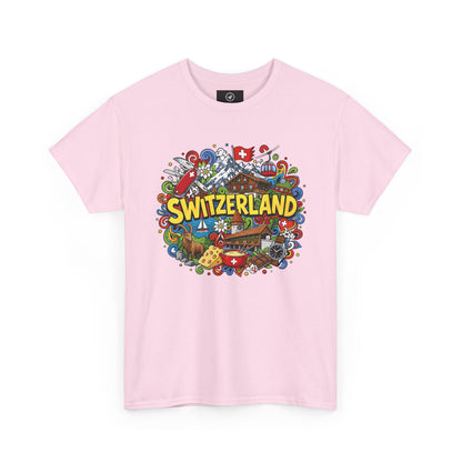 Switzerland-themed T-shirt in light pink with colorful SWITZERLAND emblem graphic