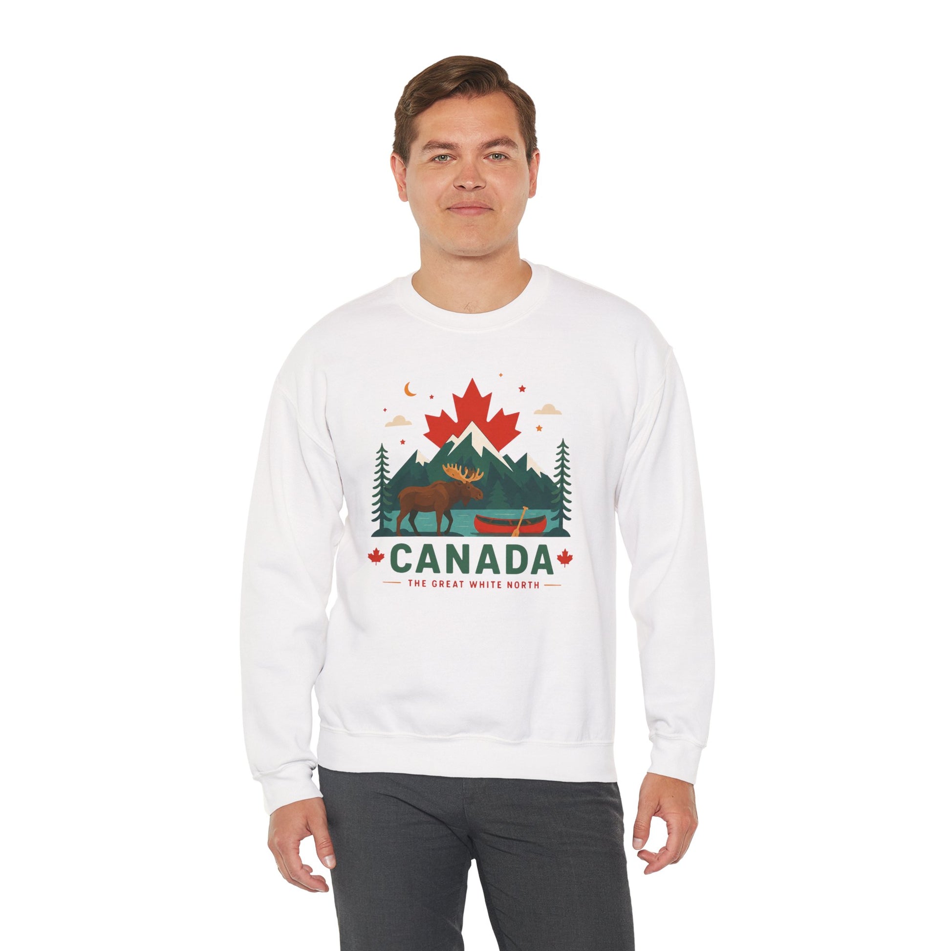 White crewneck sweatshirt with front moose canoe and Canada graphic worn