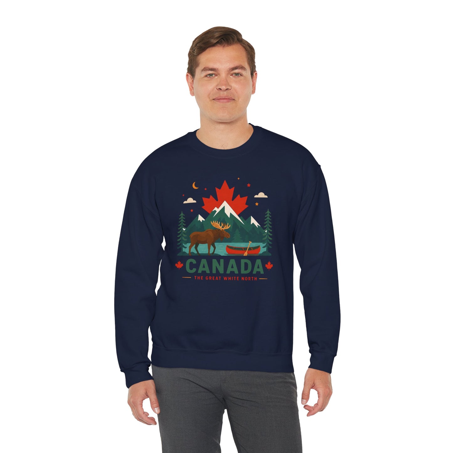 Navy crewneck sweatshirt with front moose canoe and Canada graphic worn