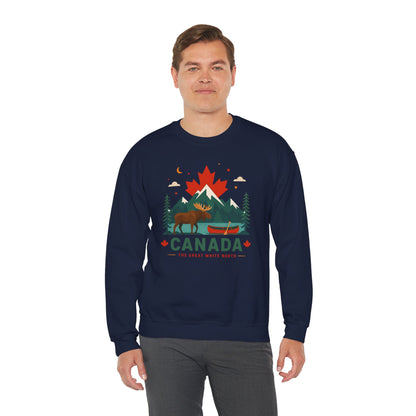 Navy crewneck sweatshirt with front moose canoe and Canada graphic worn