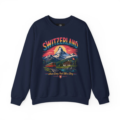 Navy crewneck sweatshirt with colorful Switzerland landscape graphic front