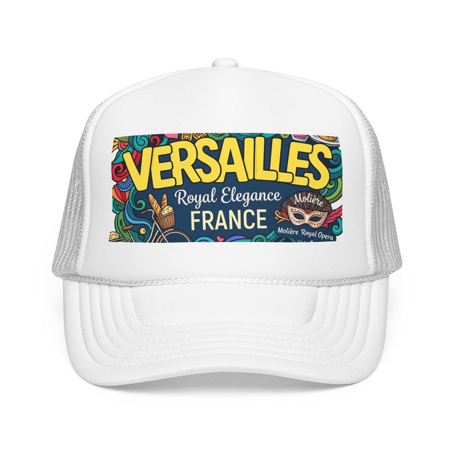 White trucker hat with mesh side panels and colorful 'Versailles France' front patch