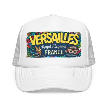 White trucker hat with mesh side panels and colorful 'Versailles France' front patch