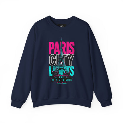 Navy crewneck sweatshirt with Eiffel Tower lights “PARIS CITY OF LIGHTS” graphic