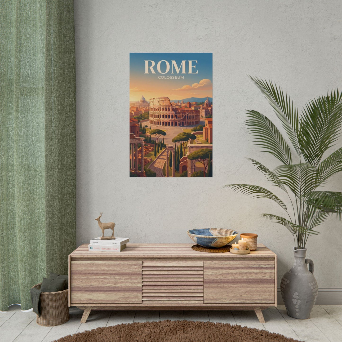 Rome Colosseum paper poster centered on wall with warm-toned city landscape
