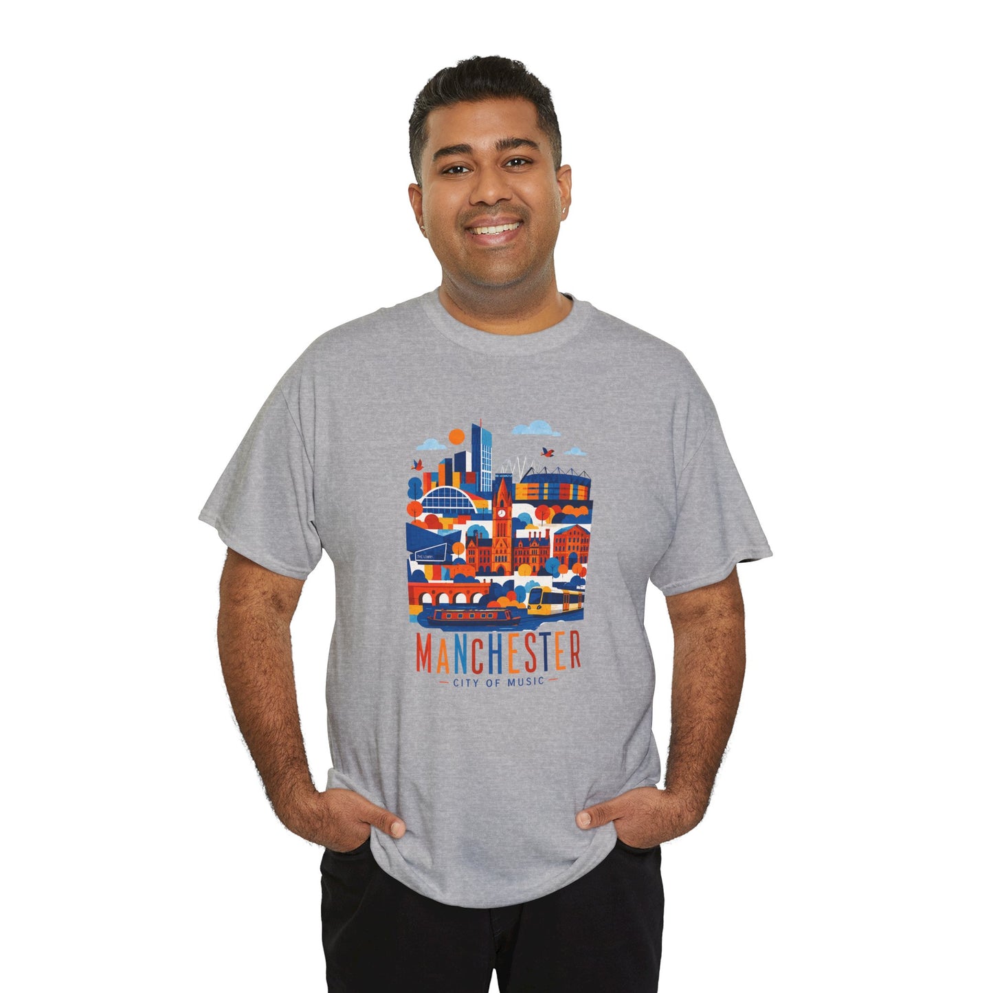 Light gray crewneck t-shirt with multicolor Manchester skyline graphic on front