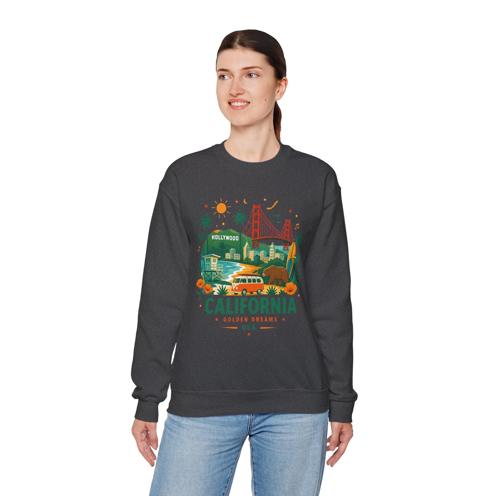 Black crewneck sweatshirt with colorful California graphic on the front